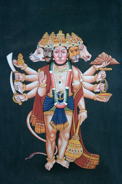 Shri Panchmukhi Hanuman (gouache y acuarela sobre papel) de School Indian