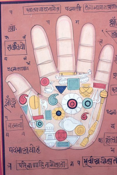 Diagrama tántrico de la mano derecha (gouache y acuarela sobre papel) de School Indian