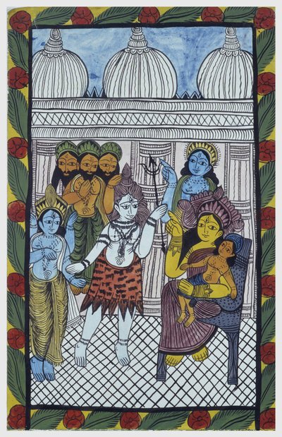 Los dioses vienen a admirar a Krishna, encarnado en el cuerpo de un hermoso niño, Ganesha (Ganesh o Ganapati) sentado en las rodillas de su madre Parvati. Pat: rollo pintado de la región de Bengala, que sirve como medio narrativo para los cantantes Baoul ( de School Indian
