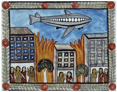 La historia de los ataques del 11 de septiembre de 2001 contada por los vendedores ambulantes Baul de Bengala. Pintura, serie, número 6/9, Bengala. de School Indian