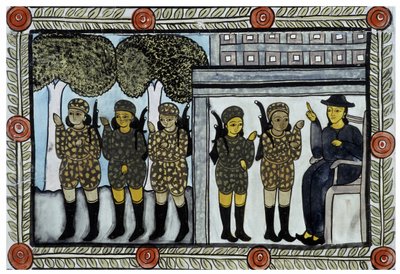 La historia de los ataques del 11 de septiembre de 2001 contada por los vendedores ambulantes Baul de Bengala. Pintura, serie, número 4/9, Bengala de School Indian