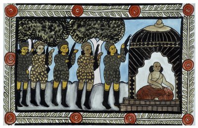 La historia de los ataques del 11 de septiembre de 2001 contada por los vendedores ambulantes Baul de Bengala. Pintura, serie, número 2/9, Bengala de School Indian