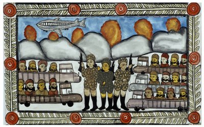 La historia de los atentados del 11 de septiembre de 2001 contada por los vendedores ambulantes Baul de Bengala. Pintura, serie, número 8/9, Bengala de School Indian