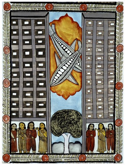 La historia de los ataques del 11 de septiembre de 2001 contada por los vendedores ambulantes Baul de Bengala, una ilustración de los aviones participando en el World Trade Center en Nueva York. Pintura, serie, número 3/9, Bengala. de School Indian