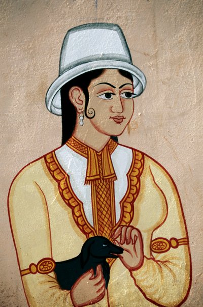 Pintura mural de dama británica con cachorro, Jaipur, Rajastán, India de School Indian