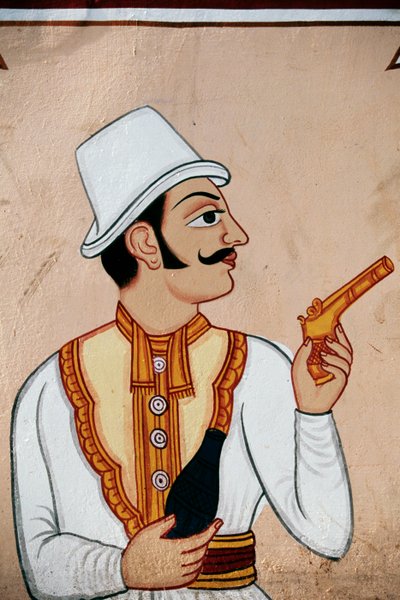 Pintura mural de un soldado británico con una pistola en la mano, Jaipur, Rajastán, India de School Indian