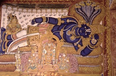 Pintura mural del dios Visnú descansando sobre una serpiente (fresco) de School Indian