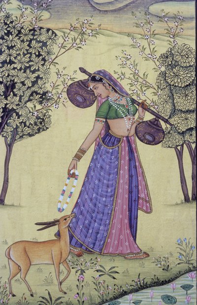 Pintura en miniatura de mujer con Rudra Veena y guirnalda de flores, India de School Indian