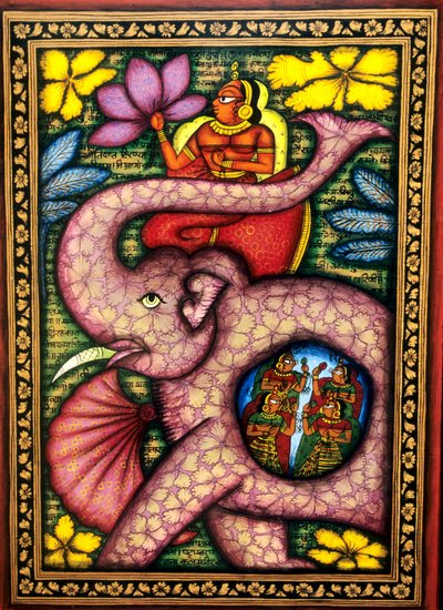 Pintura en miniatura de una mujer sentada en un elefante con una flor en la mano, India de School Indian