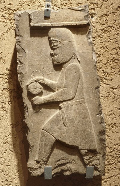 Un medo en la corte real de Persépolis llevando una vasija cubierta, aqueménida, c. 500 a.C. (piedra caliza) de School Iranian