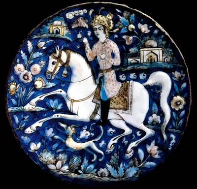 Arte iraní: plato de cerámica policromada que representa a un jinete de School Iranian
