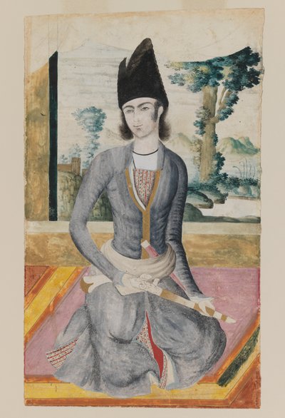 Príncipe Qajar sentado (lápiz y acuarela opaca sobre papel) de School Iranian