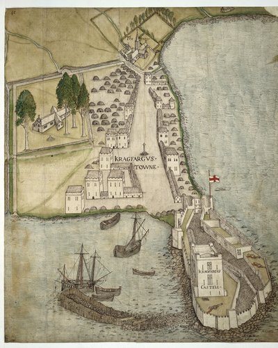 El castillo y la ciudad de Carrickfergus, Irlanda, c.1560 (pluma, tinta y acuarela sobre papel) de School Irish
