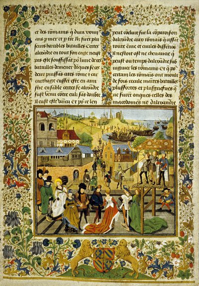 Celebración en Tarente, copia de una ilustración de "Les Histoires Romaine" de Jean Mansel (tinta y color sobre vitela) de School Italian
