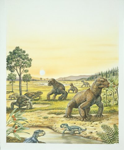 Anomodontos, en primer plano, Pareiasaurios a la izquierda y Dinocephalios a la derecha, Paleozoico, período Pérmico de School Italian