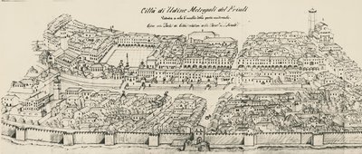 Vista aérea de la parte occidental de la ciudad de Udine, grabado, Italia de School Italian