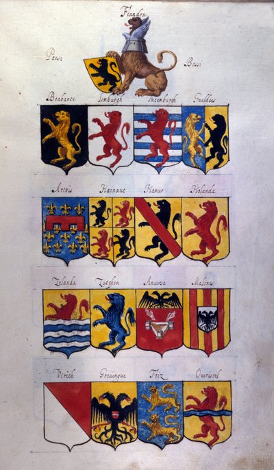 Blasón de los Países Bajos (Holanda, Flandes, Henao) con dragones, Archivio di Stato de Milán de School Italian