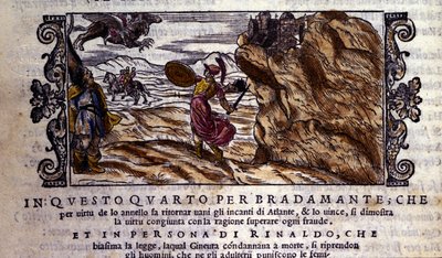 Bradamante le arranca a Brunel su anillo encantador, gracias al cual derrota el poder de Atlante y libera a Roger, escena del poema caballeresco “Orlando Furioso” de Ludovico Ariosto (1474 - 1533) de School Italian