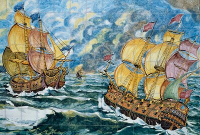 Panel cerámico que representa dos barcos de vela, producción de Vietri sul Mare, Campania, Italia, (detalle) de School Italian