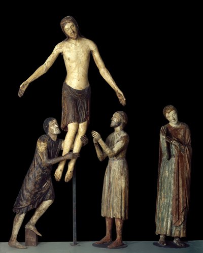 Descendimiento de la cruz. San Juan, San José de Arimatea, San Nicodemo alrededor de Jesús muerto. Talla en madera. Escuela Anónima Italiana de la Edad Media. París, Museo del Louvre de School Italian