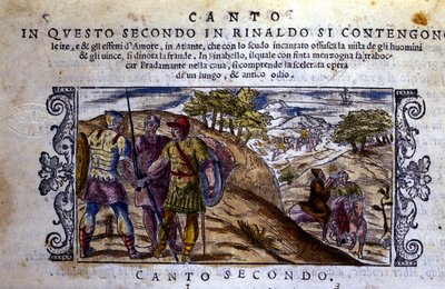 A la derecha Angélica se encuentra con un ermitaño que detendrá la lucha entre Renaud y Sacripant por el caballo Bayard. Escena tomada del poema caballeresco 