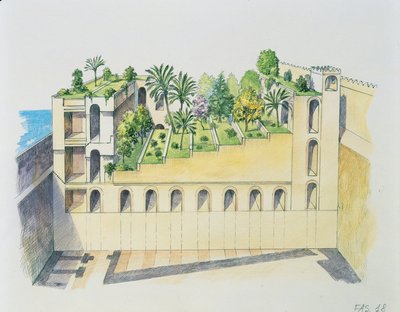 Palacio de Nabucodonosor, Babilonia, con jardines colgantes de School Italian