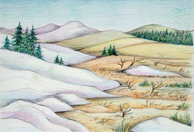 Prehistoria - Cuaternario - reconstrucción del entorno natural (litografía en color) de School Italian