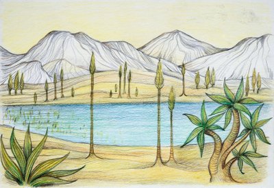 Prehistoria - Triásico - reconstrucción del entorno natural (litografía en color) de School Italian