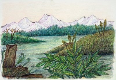 Prehistoria - reconstrucción del entorno natural (litografía en color) de School Italian