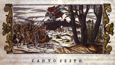 Ruggiero es llevado por el hipogrifo a la isla de Alcina donde es atacado por un ejército de monstruos, escena de "Orlando Furioso" de Ludovico Ariosto (1474-1533) de School Italian