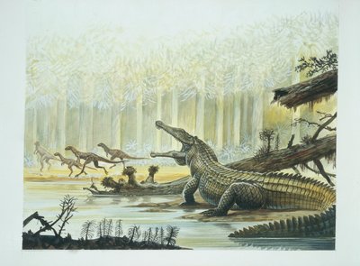 Rutiodon con Fabrosaurus en el fondo, período Triásico de School Italian