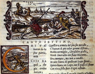 El gigante Eryphila montado en un lobo lucha contra Roger - Escena del poema caballeresco 