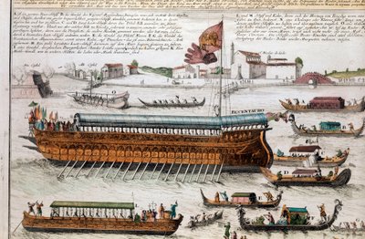 Vista de la laguna de Venecia y el Bucentauro. El Día de la Ascensión, el Dogo cruzaba la laguna de Venecia para llegar a la boca del mar abierto a bordo de un barco llamado el Bucentauro. Grabado. Venecia, Museo Correr de School Italian