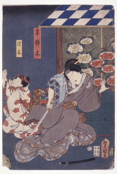 Child Someki Pleading; Mother Falling Back With Sword (xilografía en color) de School Japanese