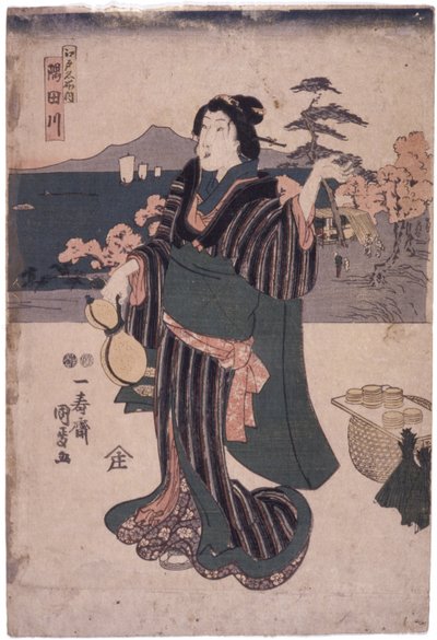 Edo Meisho Uchi: Sumidagawa (Mujer con calabaza) (xilografía en color) de School Japanese