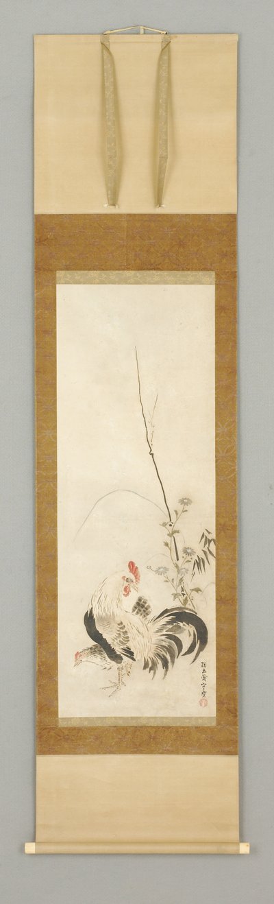 Kakemono, gallo y gallina con flores de Japanese School