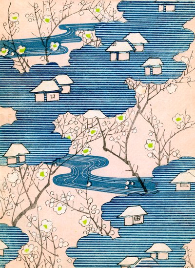 Patrón para un diseño de kimono: Cabañas con ríos y cerezos en flor, c.1900 (xilografía en color) de School Japanese