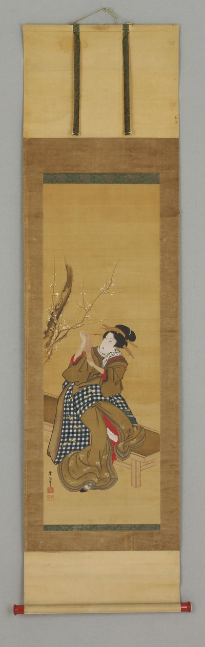 Ukiyoe, mujer sentada en un banco de Japanese School