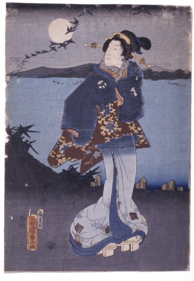 Mujer a orillas del lago observando la luna llena y los gansos que descienden (xilografías en color) de School Japanese
