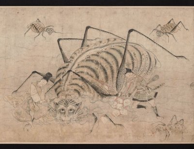 Yorimitsu kills Tsuchigumo (demonio araña) (Yoriitsu matando a Tsuchigumo) Detalle del pergamino Tsuchigumo no Soshi Emaki - Obra anónima, acuarela sobre papel de School Japanese