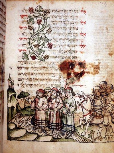 Escena bíblica: Los judíos cruzan el Mar Rojo. Página de un Machazor, libro de oración en hebreo. manuscrito sd de School Jewish