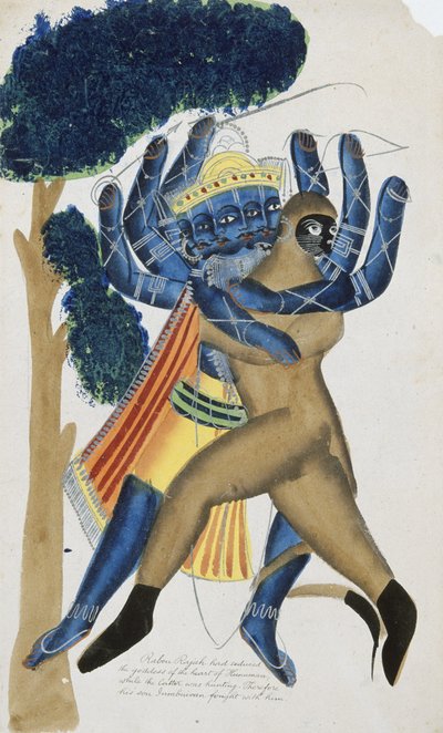 Ravana el rey demonio de Ceilán luchando contra el hijo de Hanuman (acuarela sobre papel) de School Kalighat