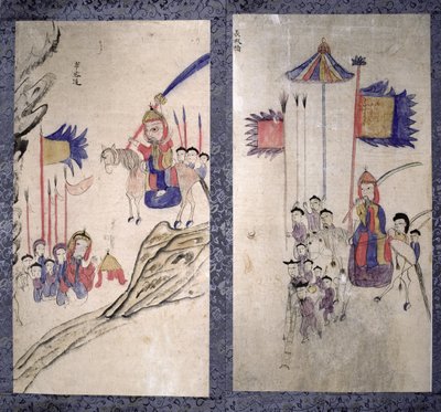 Panel de un biombo que representa una historia de los tres reinos (pigmentos naturales sobre papel) de School Korean