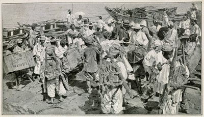 Porteadores coreanos en el puerto de Chemulpo (Corea del Sur), descargando las chatarra - Ilustración después de una fotografía del siglo XIX por J. de Pange, del libro Viaje en Corea del doctor Hagen de School Korean
