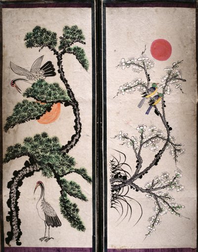 Dos paneles de un biombo de ocho pliegues que representan pájaros y flores (pigmentos naturales sobre papel) de School Korean
