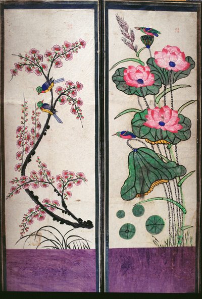 Dos paneles de un biombo de ocho pliegues que representan pájaros y flores (pigmentos naturales sobre papel) de School Korean