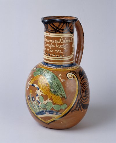 Arte popular: jarra de pulque (alcohol fermentado de agave) en terracota pintada y barnizada, de México. 1972 Museo de la Vallée, Barcelonnette (Alpes de Alta Provenza) de School Mexican