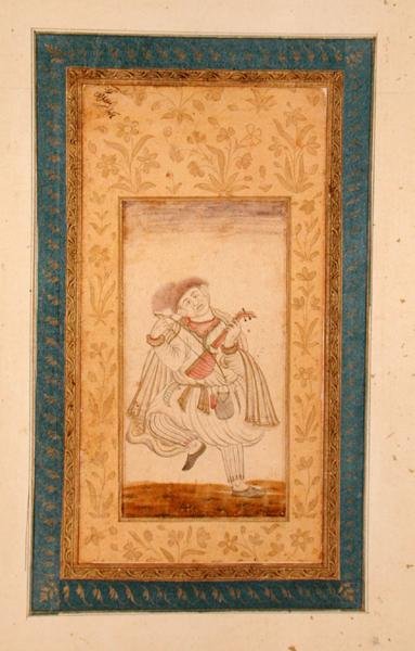Un jugador de Sarangi bailando, músico de la corte Mughal, del Gran Álbum Clive de School Mughal