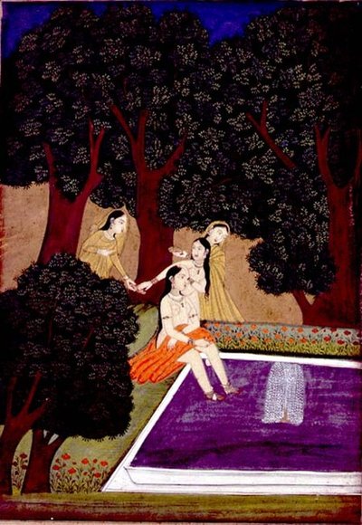 Una dama en una piscina, Johnson Album IX, no.16, c.1780 (gouache con oro sobre papel) de School Mughal