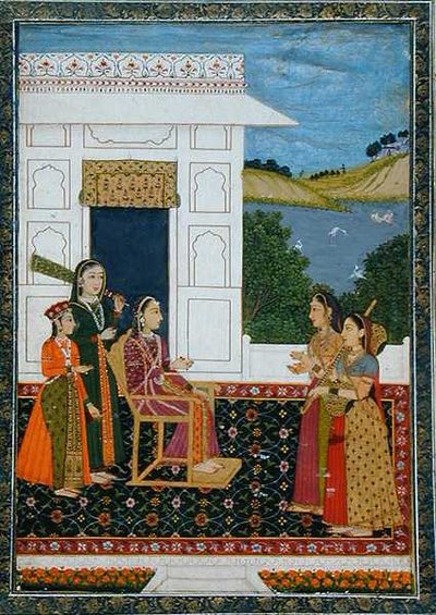 Una dama con asistentes en una terraza, del Álbum Pequeño Clive de School Mughal